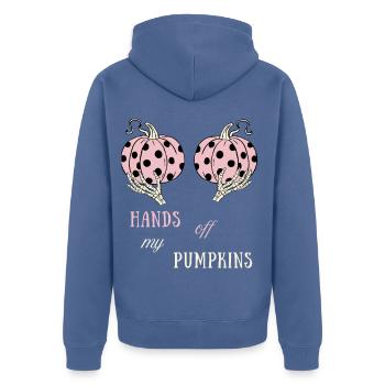 Hands Off My Pumpkins – Rosa Halloween-Kürbisse - Unisex Premium Bio Zip Hoodie - Taubenblau - Hinten - Nico (187cm)