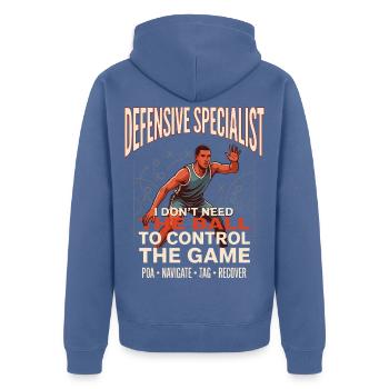 Verteidigungsprofi Ballkontrolle - Unisex Premium Bio Zip Hoodie - Taubenblau - Hinten - Nico (187cm)