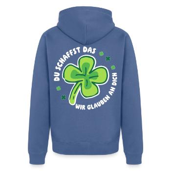 Du schaffst das! Wir glauben an dich! - Glück Mut - Unisex Premium Bio Zip Hoodie - Taubenblau - Hinten - Nico (187cm)
