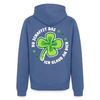 Du schaffst das! – Ich glaub an dich! -  Mutmacher - Unisex Premium Bio Zip Hoodie - Taubenblau - Hinten - Nico (187cm)