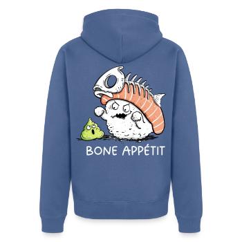 Sushi Bone Appetit – Lustiger Sushi Cartoon Humor - Unisex Premium Bio Zip Hoodie - Taubenblau - Hinten - Nico (187cm)