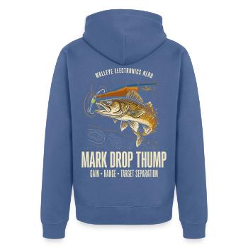 Mark Drop Thump Bass-Art - Unisex Premium Bio Zip Hoodie - Taubenblau - Hinten - Nico (187cm)