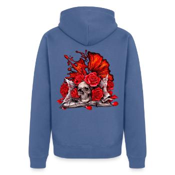 Rosenknochen Gothic Flammenrose - Unisex Premium Bio Zip Hoodie - Taubenblau - Hinten - Nico (187cm)
