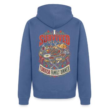 Türkei Türkiye I Survived Turkish Family Dinner - Unisex Premium Bio Zip Hoodie - Taubenblau - Hinten - Nico (187cm)