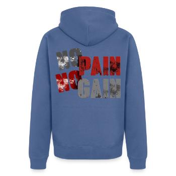 No Pan No Gain Distressed Typografie - Unisex Premium Bio Zip Hoodie - Taubenblau - Hinten - Nico (187cm)