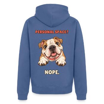Personal Space Nope – Funny Bulldog - Unisex Premium Bio Zip Hoodie - Taubenblau - Hinten - Nico (187cm)