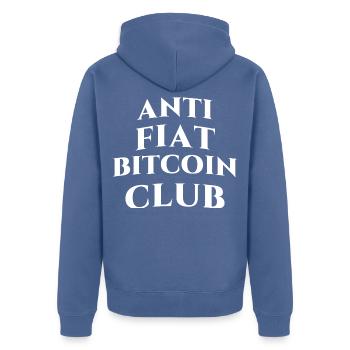 ANTI FlAT-SYSTEM BITCOIN CLUB - Unisex Premium Bio Zip Hoodie - Taubenblau - Hinten - Nico (187cm)