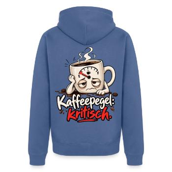 Lustiges Kaffeemotiv - Kaffeepegel kritisch   - Unisex Premium Bio Zip Hoodie - Taubenblau - Hinten - Nico (187cm)