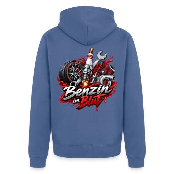 Benzin im Blut , Motorsport - Unisex Premium Bio Zip Hoodie - Taubenblau - Hinten - Nico (187cm)