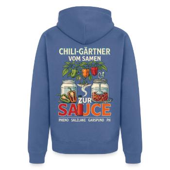 Chili-Gärtner Vom Samen Zur Sauce - Unisex Premium Bio Zip Hoodie - Taubenblau - Hinten - Nico (187cm)