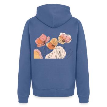 Filigrane Blüten über Pastellfelsen - Unisex Premium Bio Zip Hoodie - Taubenblau - Hinten - Nico (187cm)