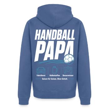 Handballpapa Geschenk – Saison für Saison - Unisex Premium Bio Zip Hoodie - Taubenblau - Hinten - Nico (187cm)