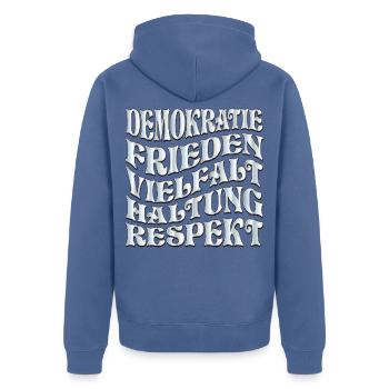 Respekt Demokratie - Unisex Premium Bio Zip Hoodie - Taubenblau - Hinten - Nico (187cm)