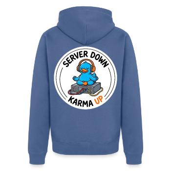 Server down Karma up IT Admin Gelassenheit T-Shirt - Unisex Premium Bio Zip Hoodie - Taubenblau - Hinten - Nico (187cm)