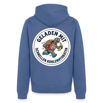 Marathon-Shirt Geladen mit Kohlenhydraten - Unisex Premium Bio Zip Hoodie - Taubenblau - Hinten - Nico (187cm)
