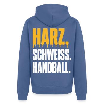 Harz. Schweiß. Handball. – Typo Shirt - Unisex Premium Bio Zip Hoodie - Taubenblau - Hinten - Nico (187cm)