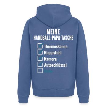 Handball Papa Tasche – Thermoskanne, Klappstuhl - Unisex Premium Bio Zip Hoodie - Taubenblau - Hinten - Nico (187cm)