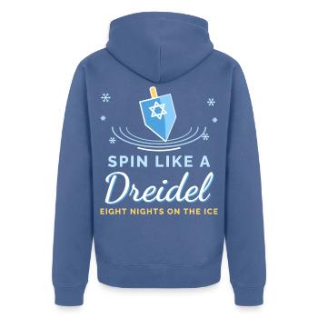 Dreh dich wie ein Dreidel-Hanukkah-Eiskunstlauf - Unisex Premium Bio Zip Hoodie - Taubenblau - Hinten - Nico (187cm)