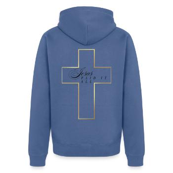 Jesus hat alles bezahlt - Unisex Premium Bio Zip Hoodie - Taubenblau - Hinten - Nico (187cm)