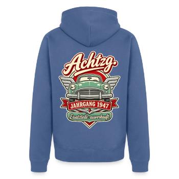 Achtzg Jahrgang 1947 - Unisex Premium Bio Zip Hoodie - Taubenblau - Hinten - Nico (187cm)