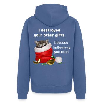 I destroyed your other gifts - Kätzchen - Unisex Premium Bio Zip Hoodie - Taubenblau - Hinten - Nico (187cm)