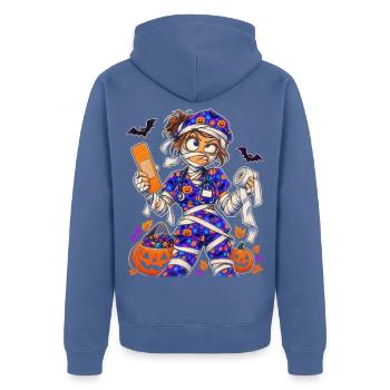 Halloween Krankenschwester Mumie in bunten Scrubs - Unisex Premium Bio Zip Hoodie - Taubenblau - Hinten - Nico (187cm)