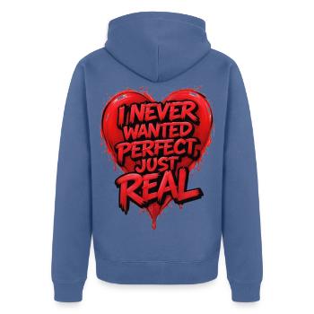 Ich wollte nie Perfektion, einfach Realität - Unisex Premium Bio Zip Hoodie - Taubenblau - Hinten - Nico (187cm)