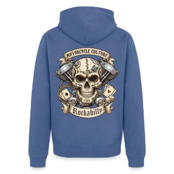 Rockabilly Totenkopf Moto Kultur - Unisex Premium Bio Zip Hoodie - Taubenblau - Hinten - Nico (187cm)