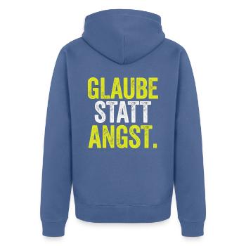 Glaube statt Angst – Markus 5,36 - Unisex Premium Bio Zip Hoodie - Taubenblau - Hinten - Nico (187cm)