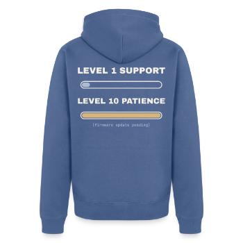 Level 1 Support, Level 10 Patience – IT Shirt - Unisex Premium Bio Zip Hoodie - Taubenblau - Hinten - Nico (187cm)