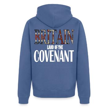 Convenant White - Unisex Premium Bio Zip Hoodie - Taubenblau - Hinten - Nico (187cm)