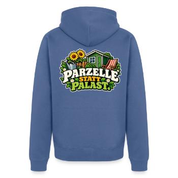 Parzelle statt Palast - Unisex Premium Bio Zip Hoodie - Taubenblau - Hinten - Nico (187cm)