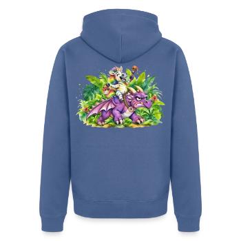 Jungle Fantasie: Einhorn reitet Drache - Unisex Premium Bio Zip Hoodie - Taubenblau - Hinten - Nico (187cm)