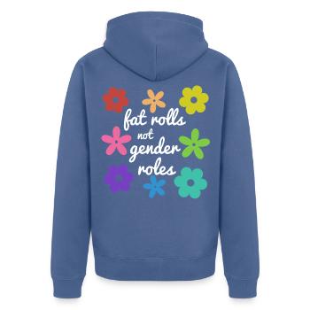 Fat Rolls, keine Geschlechterrollen (weiß) - Unisex Premium Bio Zip Hoodie - Taubenblau - Hinten - Nico (187cm)