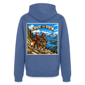 Fuchs und Wildschwein auf einer Wanderung – Wildes Abenteuer - Unisex Premium Bio Zip Hoodie - Taubenblau - Hinten - Nico (187cm)
