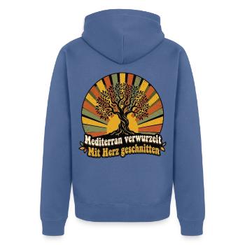 Mediterran Olivenbaum - Unisex Premium Bio Zip Hoodie - Taubenblau - Hinten - Nico (187cm)