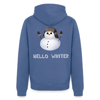 Hello Winter - Schneemann mit Uschanka - Unisex Premium Bio Zip Hoodie - Taubenblau - Hinten - Nico (187cm)