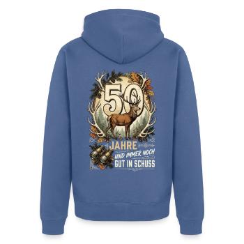 50 Jahre Und Immer Noch Gut In Schuss Jäger  - Unisex Premium Bio Zip Hoodie - Taubenblau - Hinten - Nico (187cm)