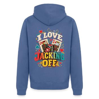  I Love Jacking Off Poker Karten und Spielkarten - Unisex Premium Bio Zip Hoodie - Taubenblau - Hinten - Nico (187cm)