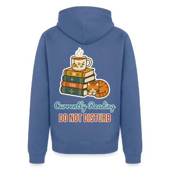 Currently Reading – Bücherwurm mit Katze - Unisex Premium Bio Zip Hoodie - Taubenblau - Hinten - Nico (187cm)
