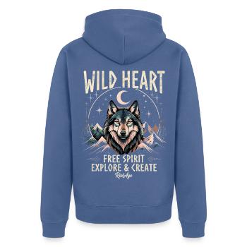 Wolf Wild Heart. Free Spirit  - Unisex Premium Bio Zip Hoodie - Taubenblau - Hinten - Nico (187cm)