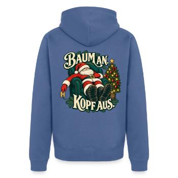 Baum an Kopf aus – Weihnachtsmann im Sessel - Unisex Premium Bio Zip Hoodie - Taubenblau - Hinten - Nico (187cm)