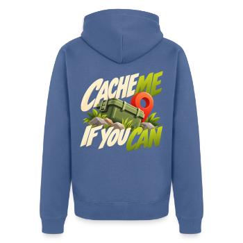 Cache Me If You Can Geocaching Motif - Unisex Premium Bio Zip Hoodie - Taubenblau - Hinten - Nico (187cm)