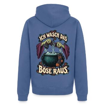 Hexenwäsche – Ich wasch das Böse raus - Unisex Premium Bio Zip Hoodie - Taubenblau - Hinten - Nico (187cm)