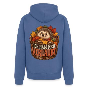 Ich habe mich verlaubt – Igel im Laubkorb - Unisex Premium Bio Zip Hoodie - Taubenblau - Hinten - Nico (187cm)