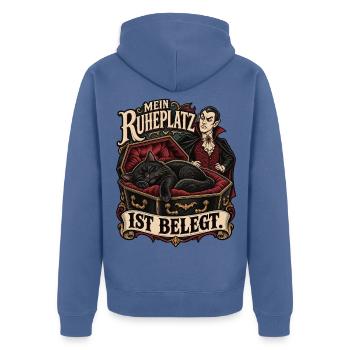 Ruheplatz belegt – Katze und Vampir - Unisex Premium Bio Zip Hoodie - Taubenblau - Hinten - Nico (187cm)