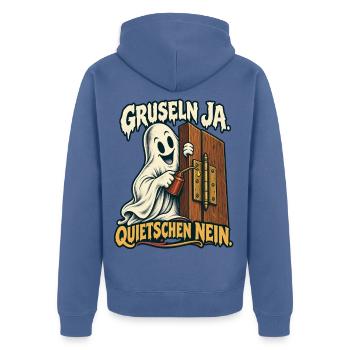 Geist ölt Tür – Gruseln ja Quietschen nein - Unisex Premium Bio Zip Hoodie - Taubenblau - Hinten - Nico (187cm)