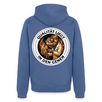 Qualität liegt in den Genen Genetiker T-Shirt - Unisex Premium Bio Zip Hoodie - Taubenblau - Hinten - Nico (187cm)