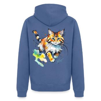 springende  Katze im wasserfarbenlook - Unisex Premium Bio Zip Hoodie - Taubenblau - Hinten - Nico (187cm)