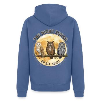 Drei Eulen unter dem Vollmond - Unisex Premium Bio Zip Hoodie - Taubenblau - Hinten - Nico (187cm)